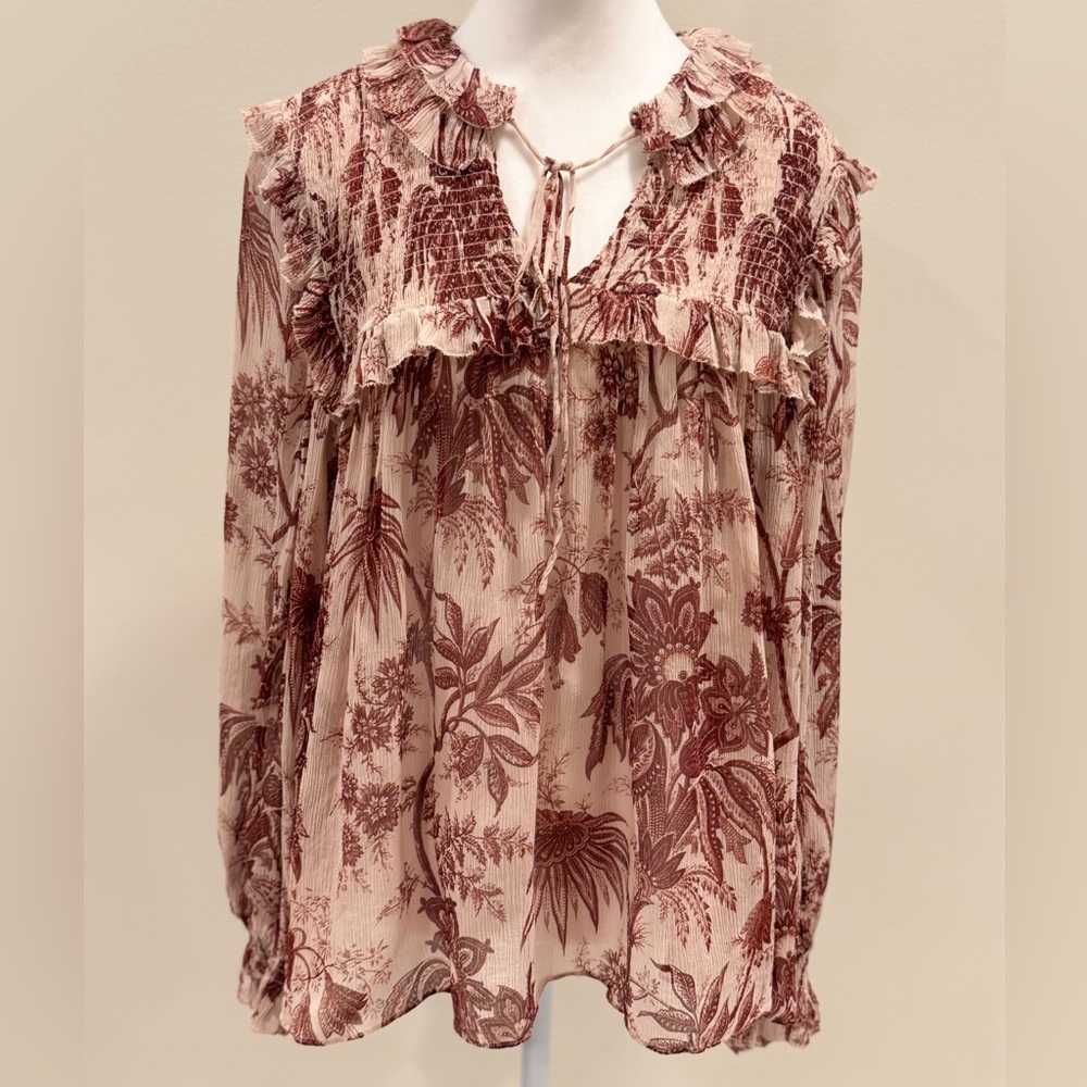 Cara Cara 100% Silk Floral Long Sleeve Smocked Blouse XL